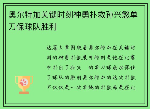 奥尔特加关键时刻神勇扑救孙兴慜单刀保球队胜利 奥尔特加关键时刻神勇扑救孙兴慜单刀保球队胜利